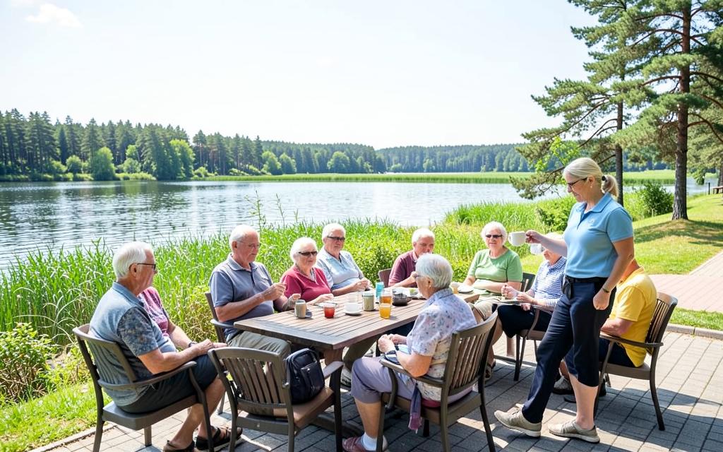 Seniorengruppe sitzt mit Betreuerin auf einer Terrasse am Fleesensee