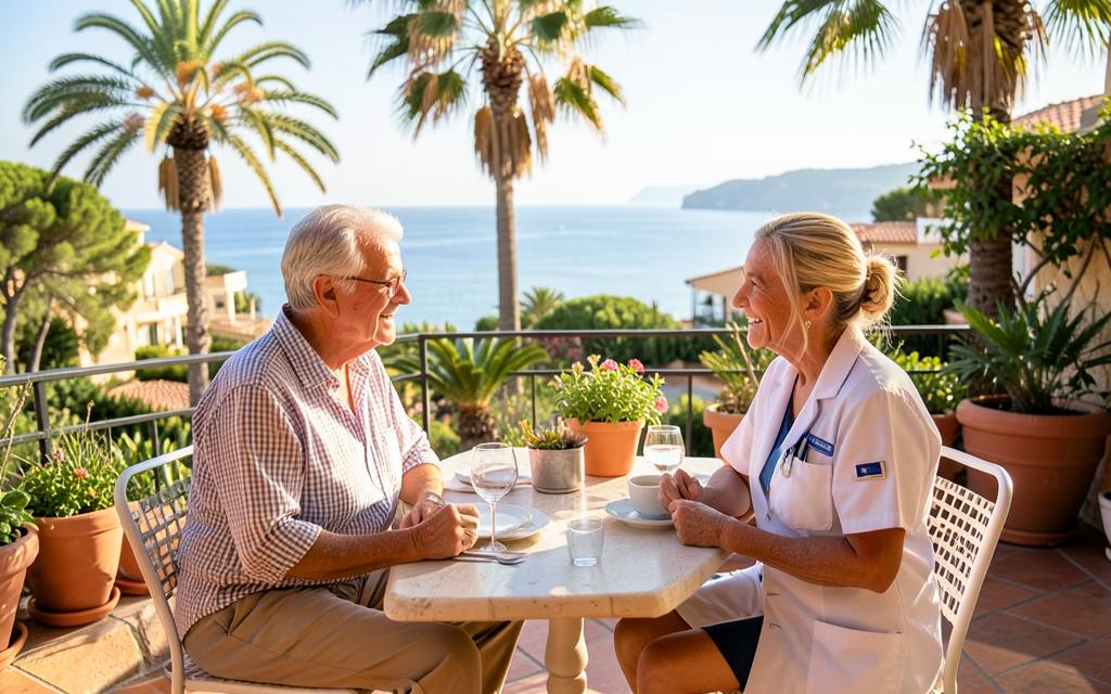Senior sitzt mit einer Pflegebegleitung auf einer sonnigen Hotelterrasse auf Mallorca