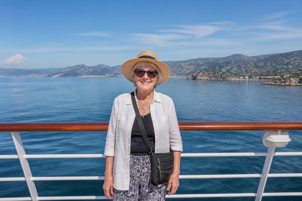 Lächelnde Seniorin an der Reling eines Schiffs mit Blick auf Meer und Küste